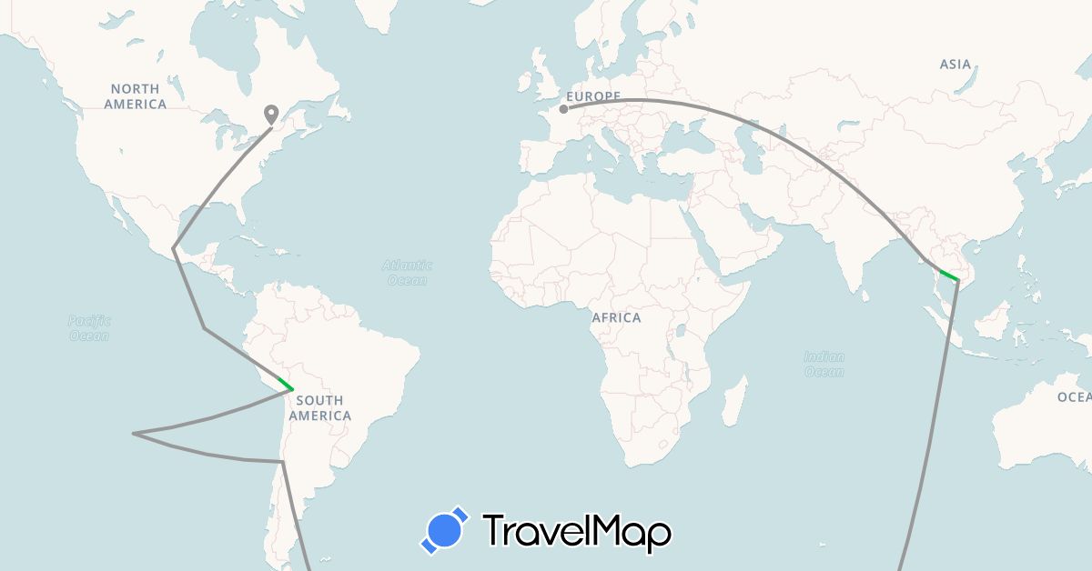 TravelMap itinerary: bus, plane in Bolivia, Canada, Chile, Ecuador, France, Cambodia, Myanmar (Burma), Mexico, Nepal, Peru, Thailand (Asia, Europe, North America, South America)